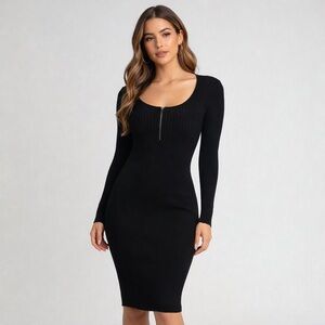 Cache Dark Navy Blue Ribbed Knit Zip Front Bodycon Midi Dress Small